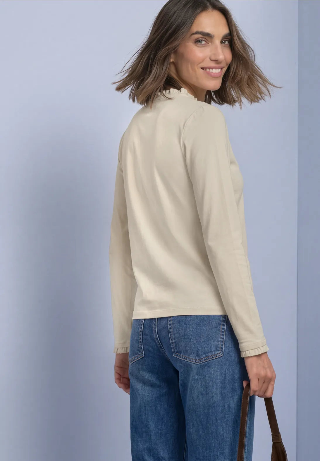 Street One Top with Ruffles & Cut Out Detail - Beige