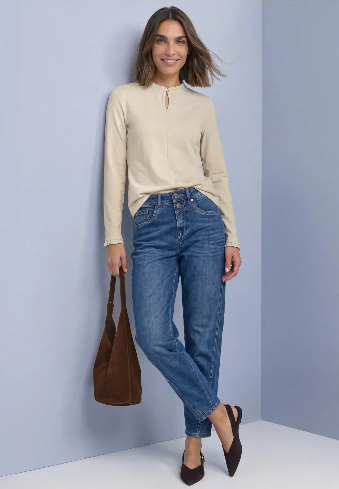 Street One Top with Ruffles & Cut Out Detail - Beige