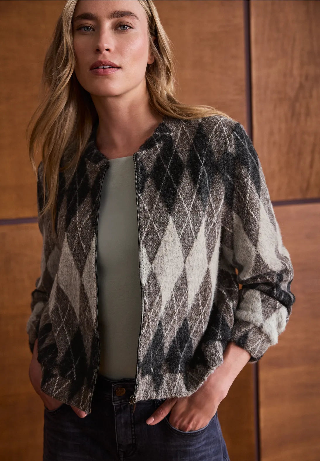 Street One Long Sleeve Jacket with Diamond Pattern - Brown & Beige Mix