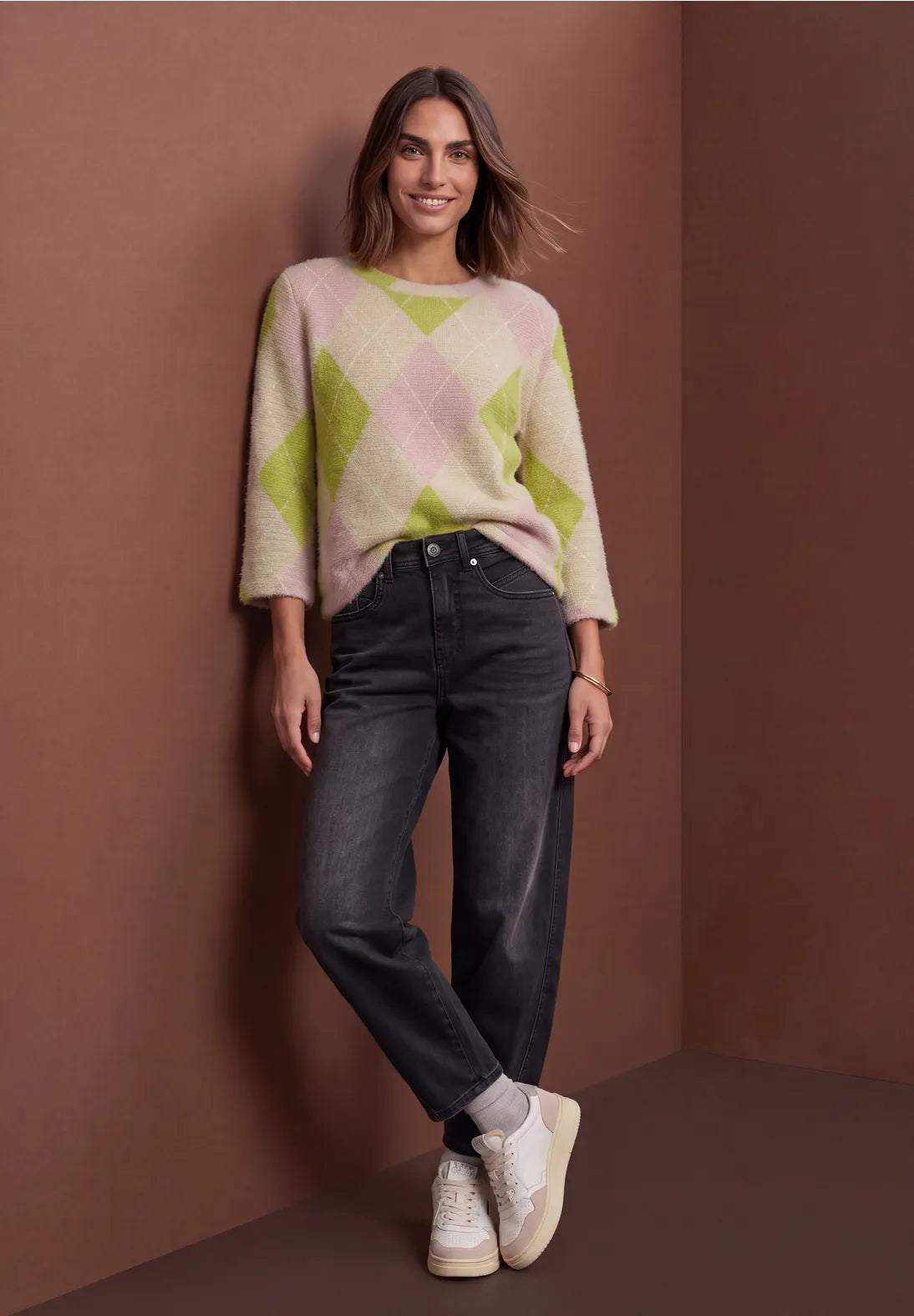 Street One Fluffy Knit with Diamond Pattern - Pink Mix