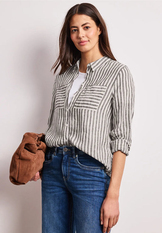 Street One Long Sleeve Linen Shirt Blouse - Brown & White Stripe.