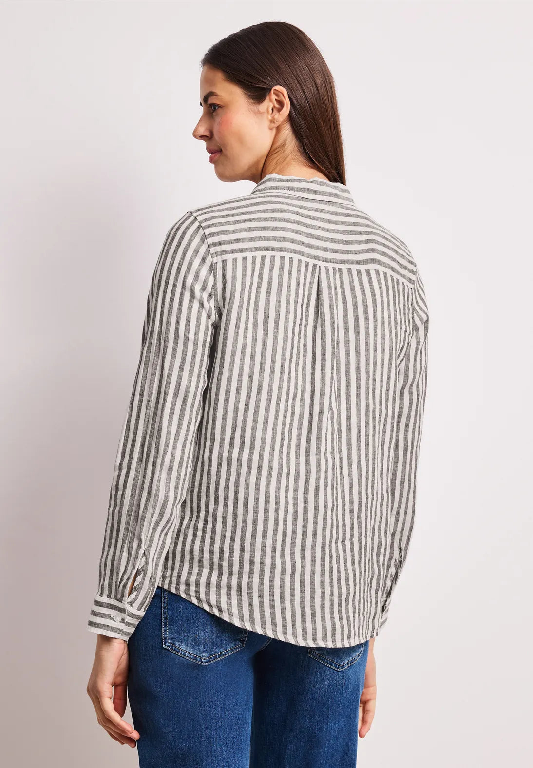 Street One Long Sleeve Linen Shirt Blouse - Brown & White Stripe.