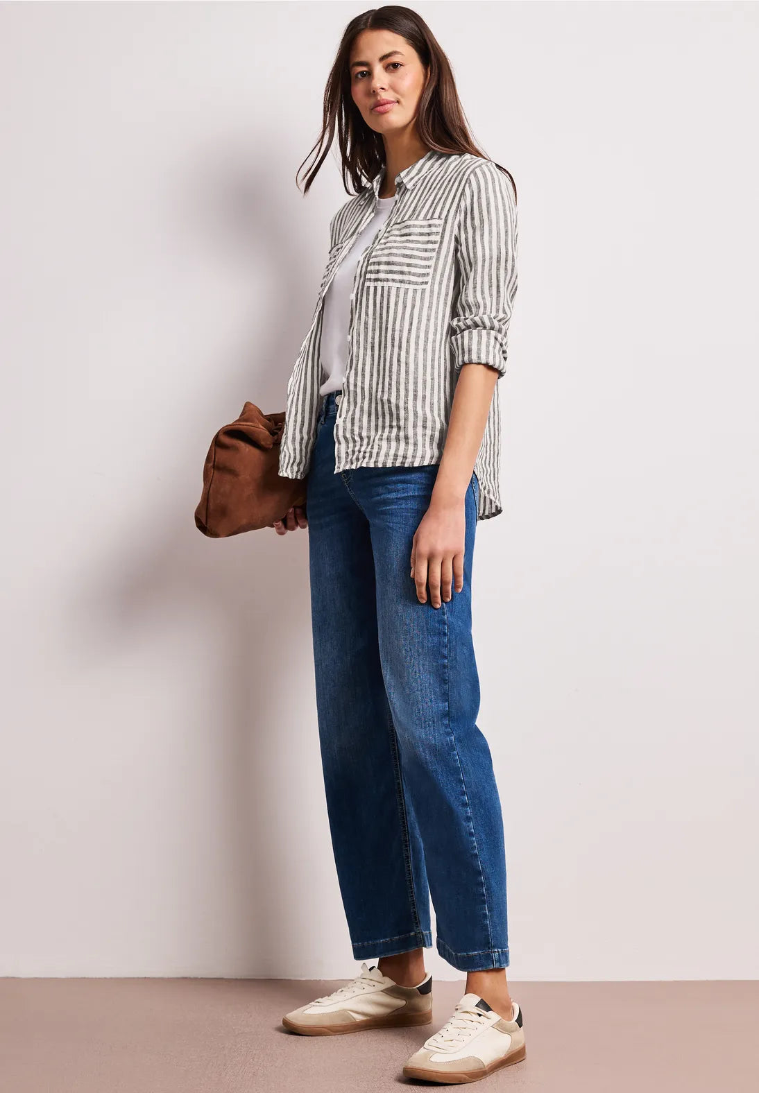 Street One Long Sleeve Linen Shirt Blouse - Brown & White Stripe.