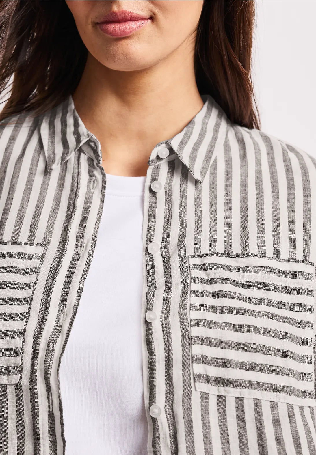 Street One Long Sleeve Linen Shirt Blouse - Brown & White Stripe.