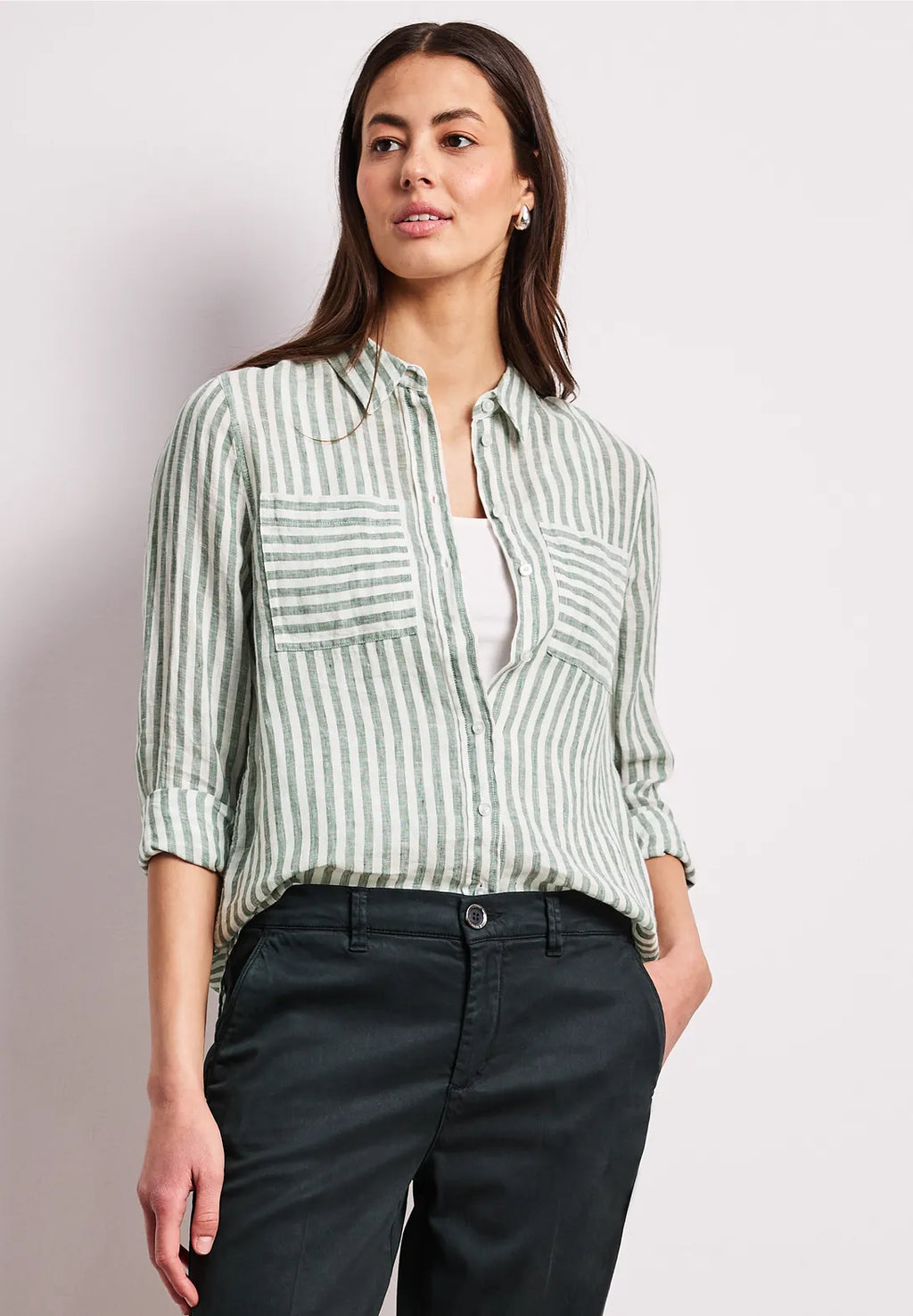 Street One Long Sleeve Linen Shirt Blouse - Green