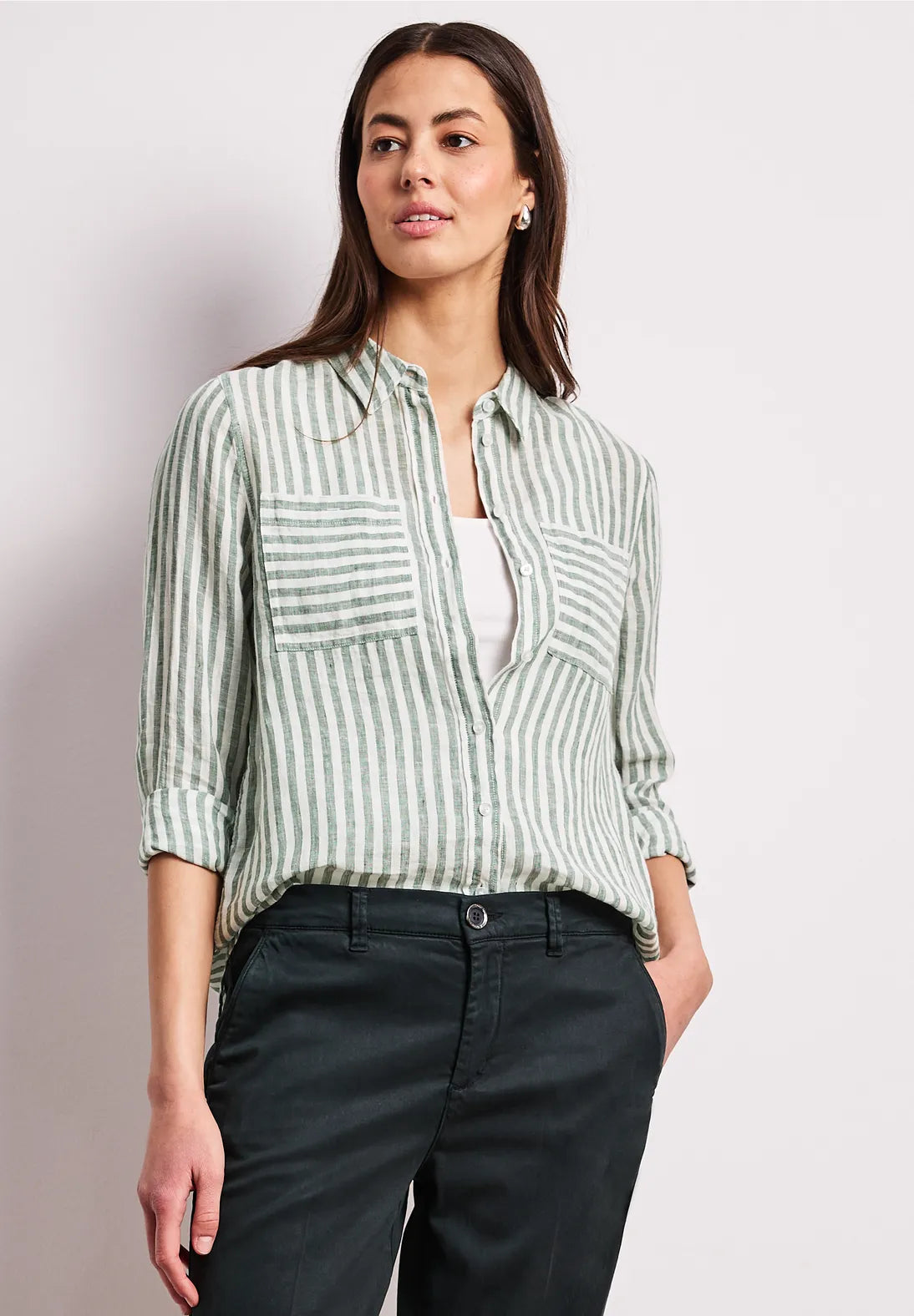 Street One Long Sleeve Linen Shirt Blouse - Green