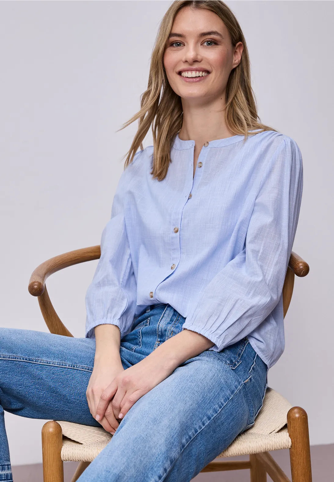 Street One Chambray Buttoned Round Neck Shirt - Blue