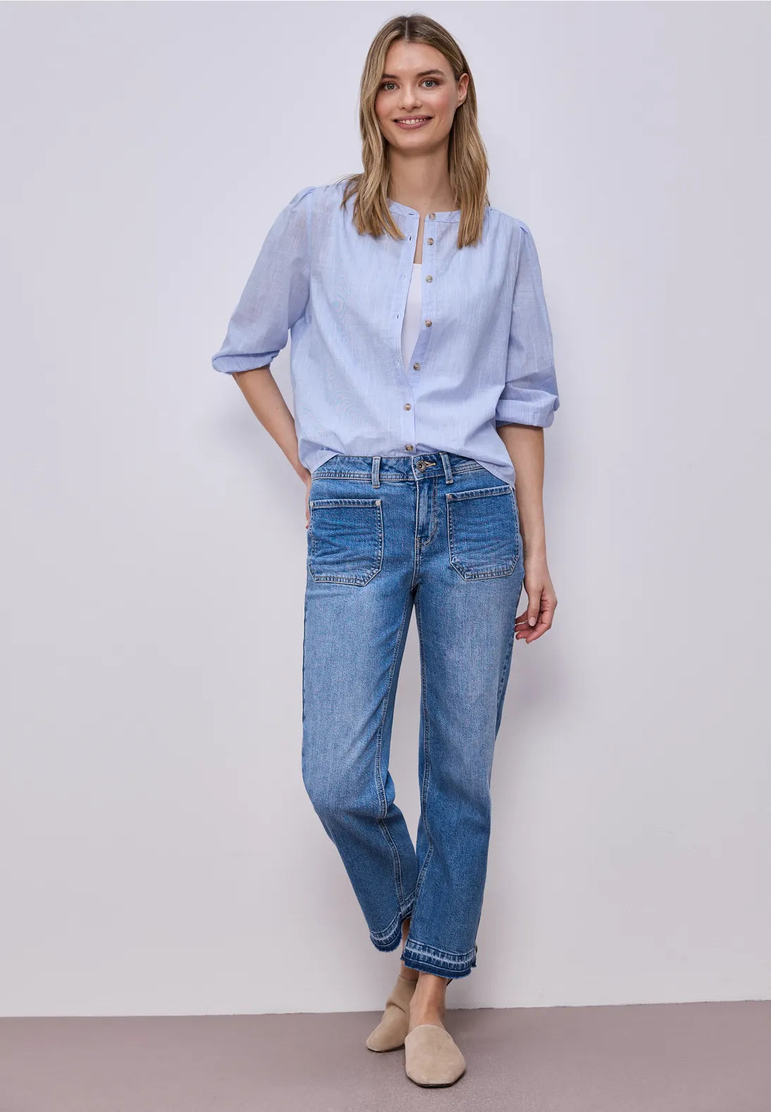 Street One Chambray Buttoned Round Neck Shirt - Blue