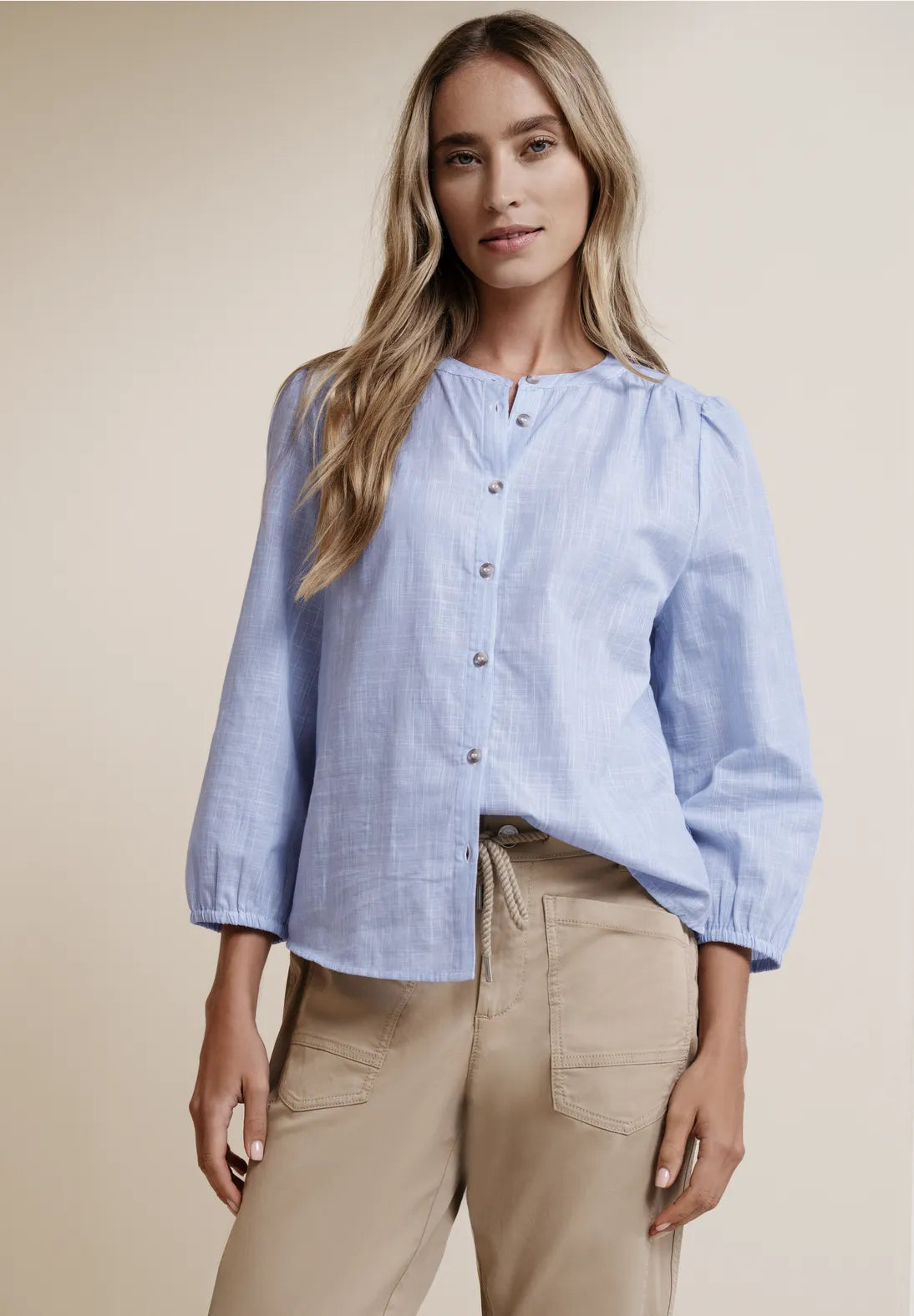 Street One Chambray Buttoned Round Neck Shirt - Blue