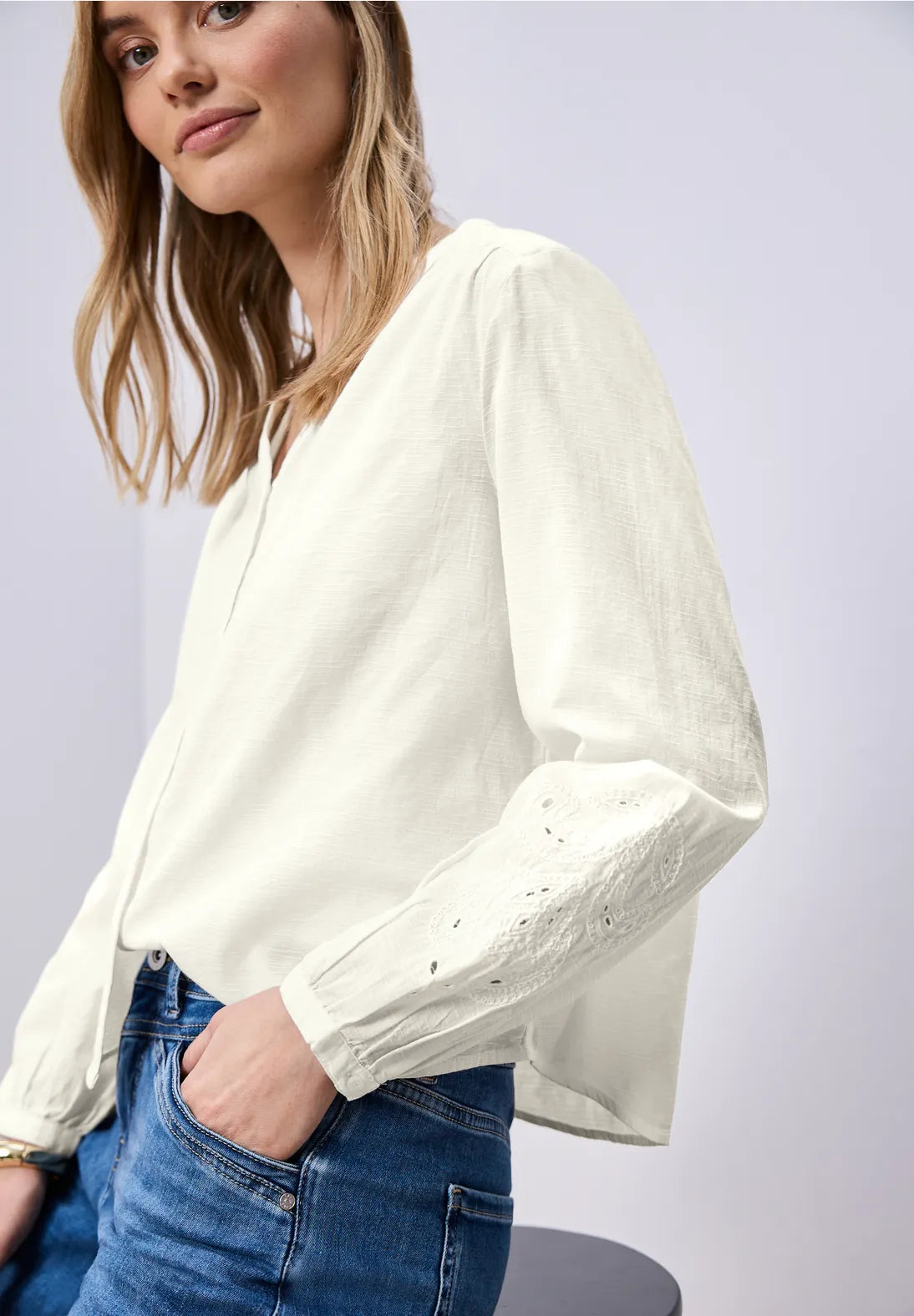 Street One V neck Button Blouse with Embroidery - Off White.