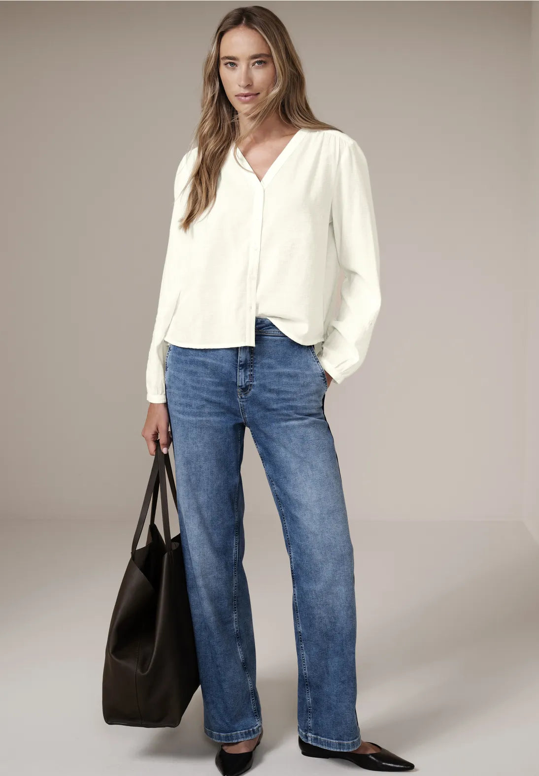 Street One V neck Button Blouse with Embroidery - Off White.