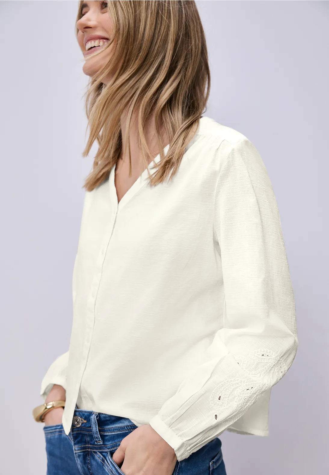Street One V neck Button Blouse with Embroidery - Off White.