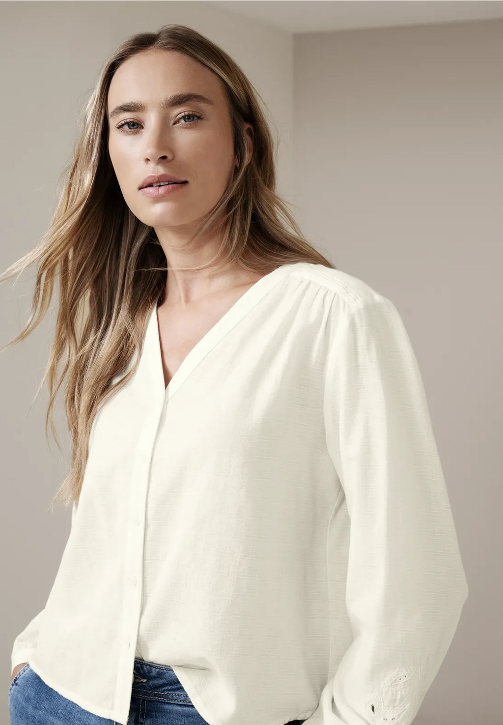 Street One V neck Button Blouse with Embroidery - Off White.