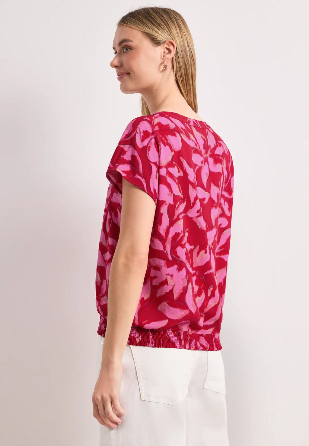 Street One Splitneck Blouse with Smocking - Pink Multi.