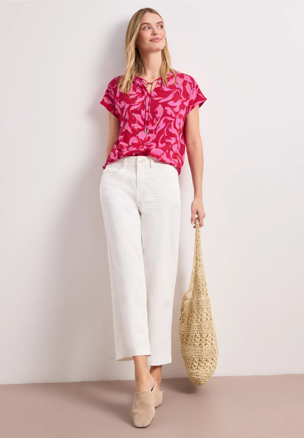 Street One Splitneck Blouse with Smocking - Pink Multi.