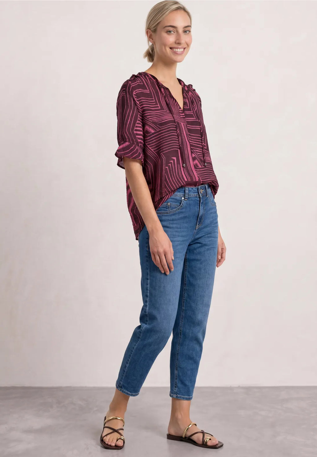 Street One Short Sleeve Blouse with Split Neck & Print - Multi