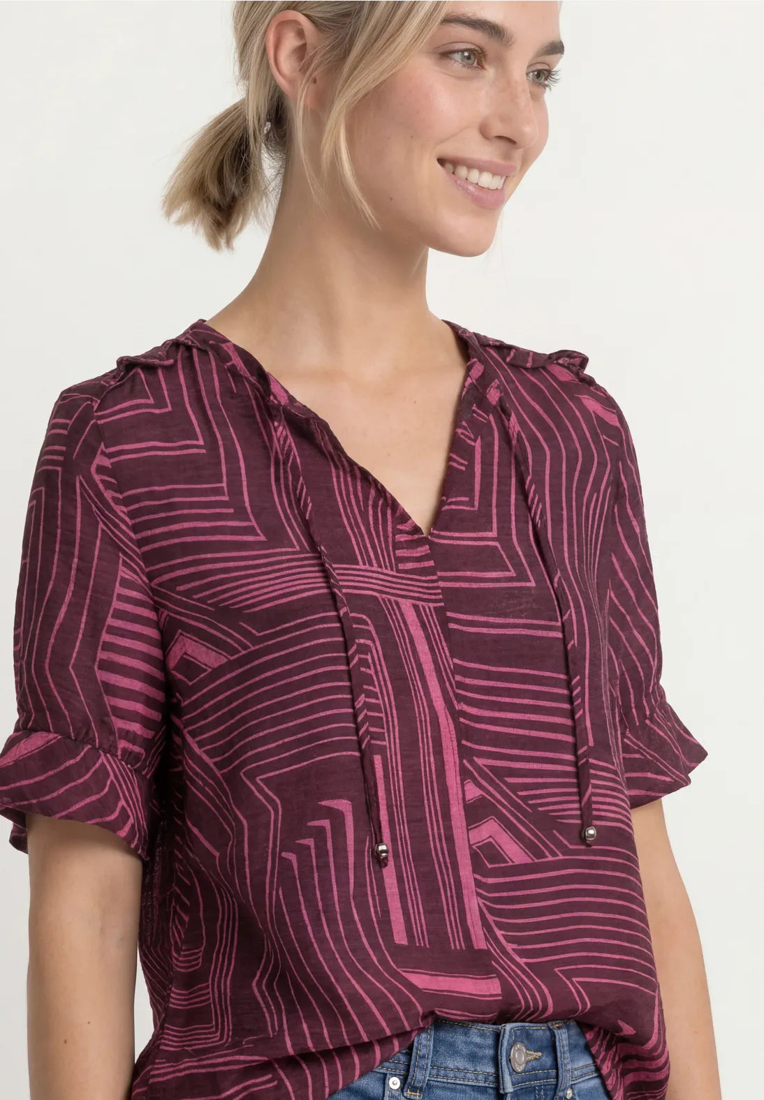 Street One Short Sleeve Blouse with Split Neck & Print - Multi