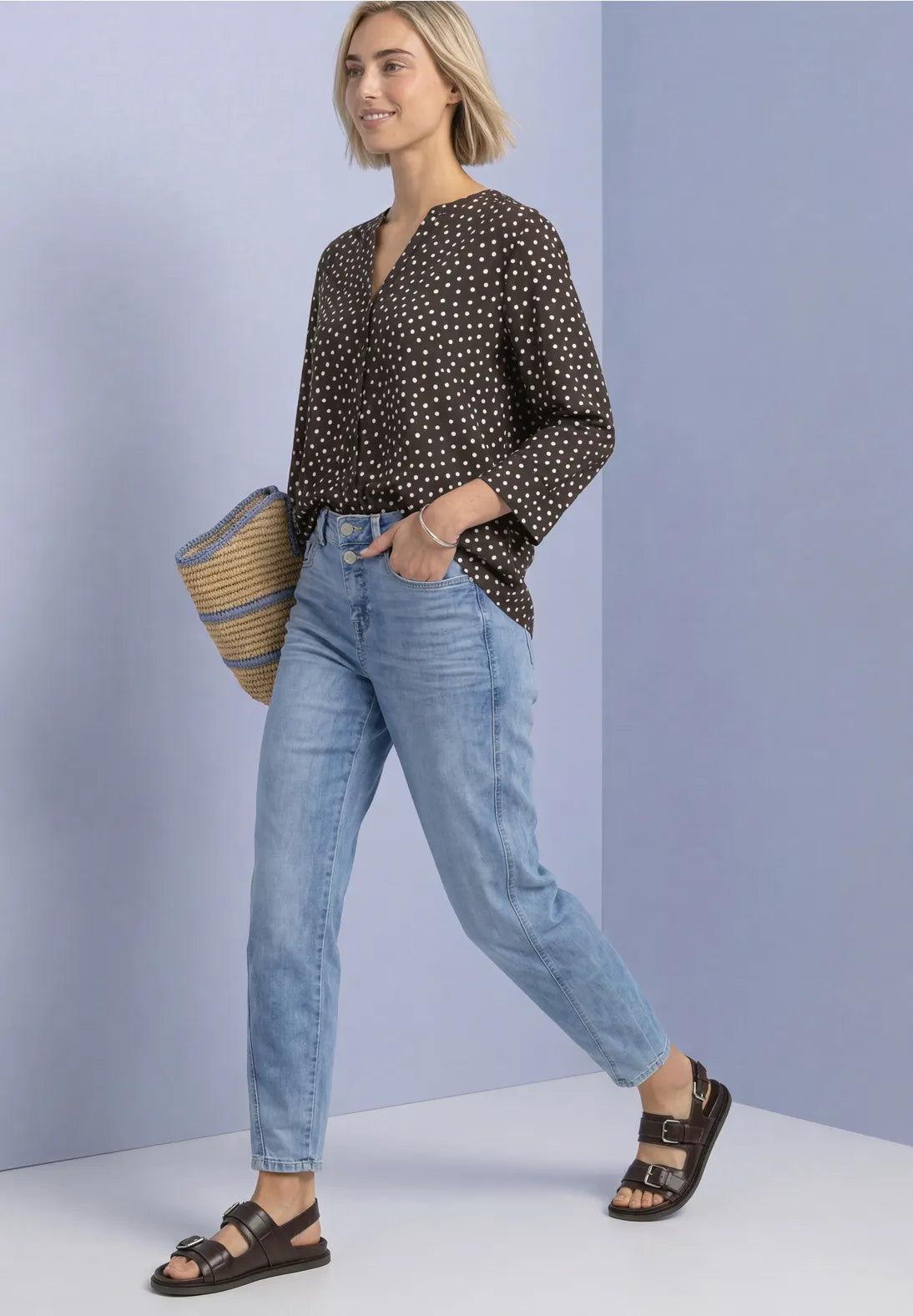 Street One Top with Split Neck - Brown & White Spot.