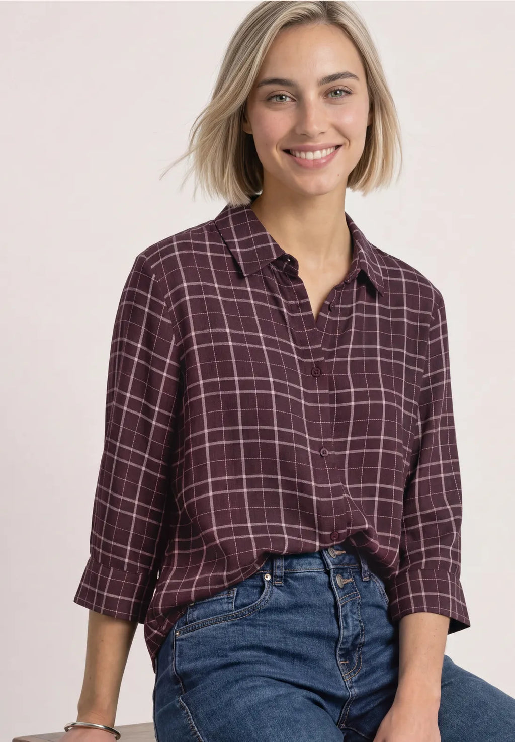 Street One Check Shirt with 2/3 Sleeves - Burgundy Mix.