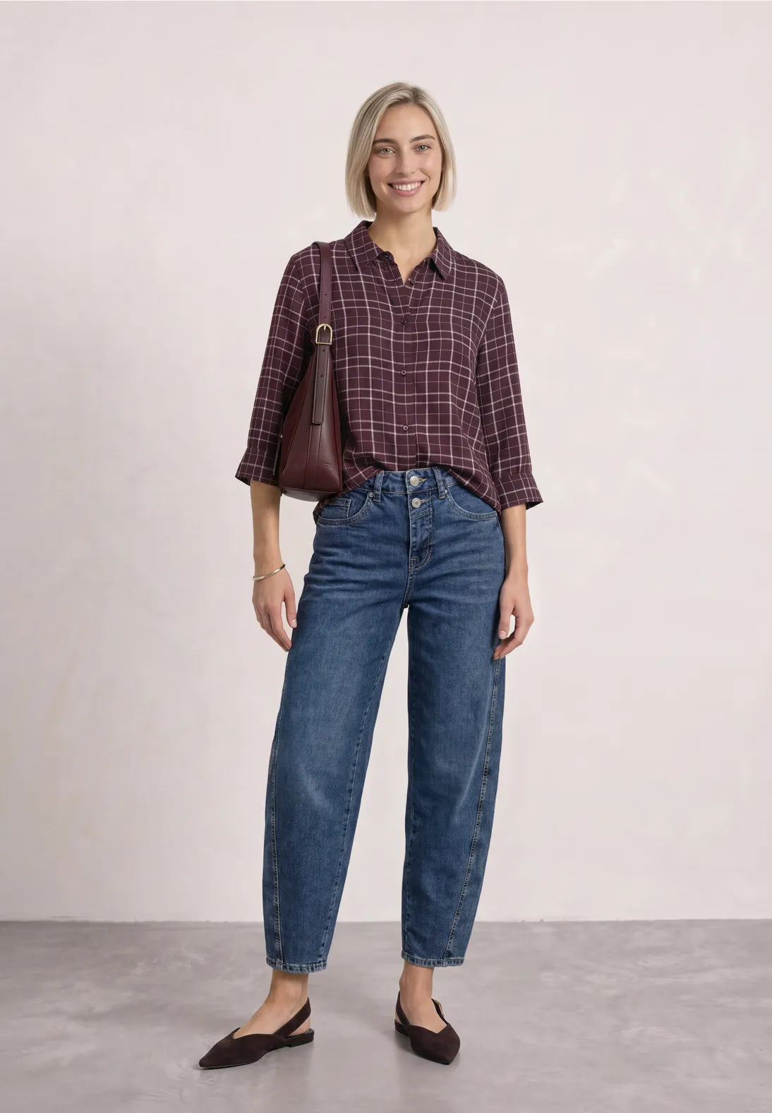 Street One Check Shirt with 2/3 Sleeves - Burgundy Mix.
