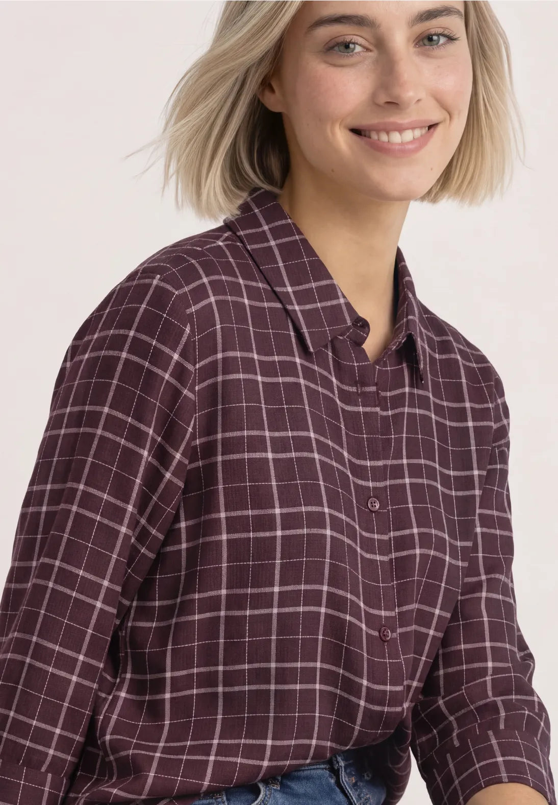 Street One Check Shirt with 2/3 Sleeves - Burgundy Mix.