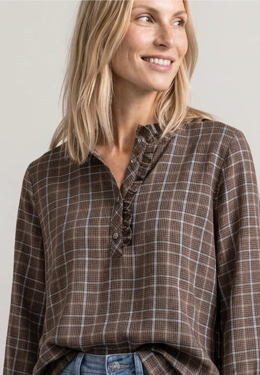 Street One Blouse with Ruffle Neck - Blue / Brown Mix.
