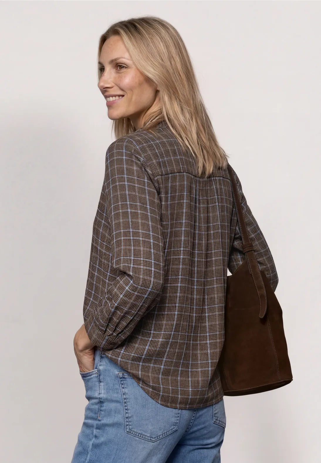 Street One Blouse with Ruffle Neck - Blue / Brown Mix.