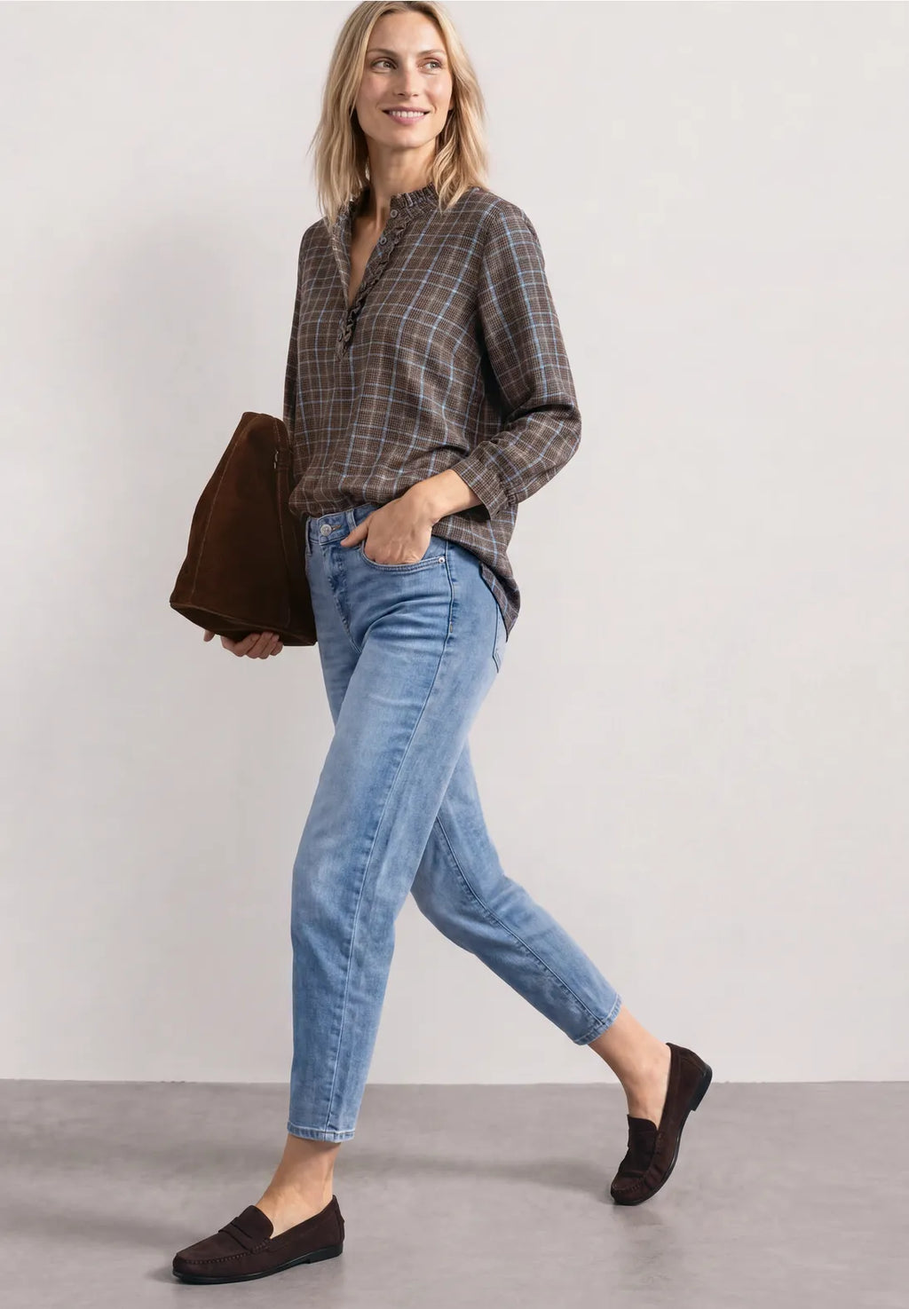 Street One Blouse with Ruffle Neck - Blue / Brown Mix.