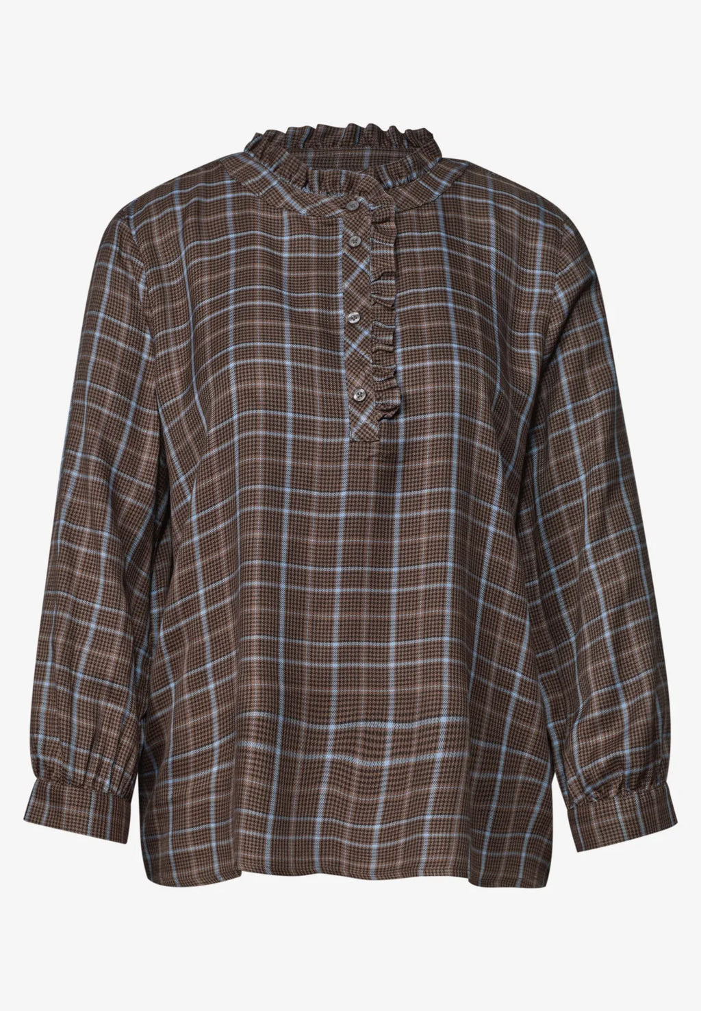 Street One Blouse with Ruffle Neck - Blue / Brown Mix.