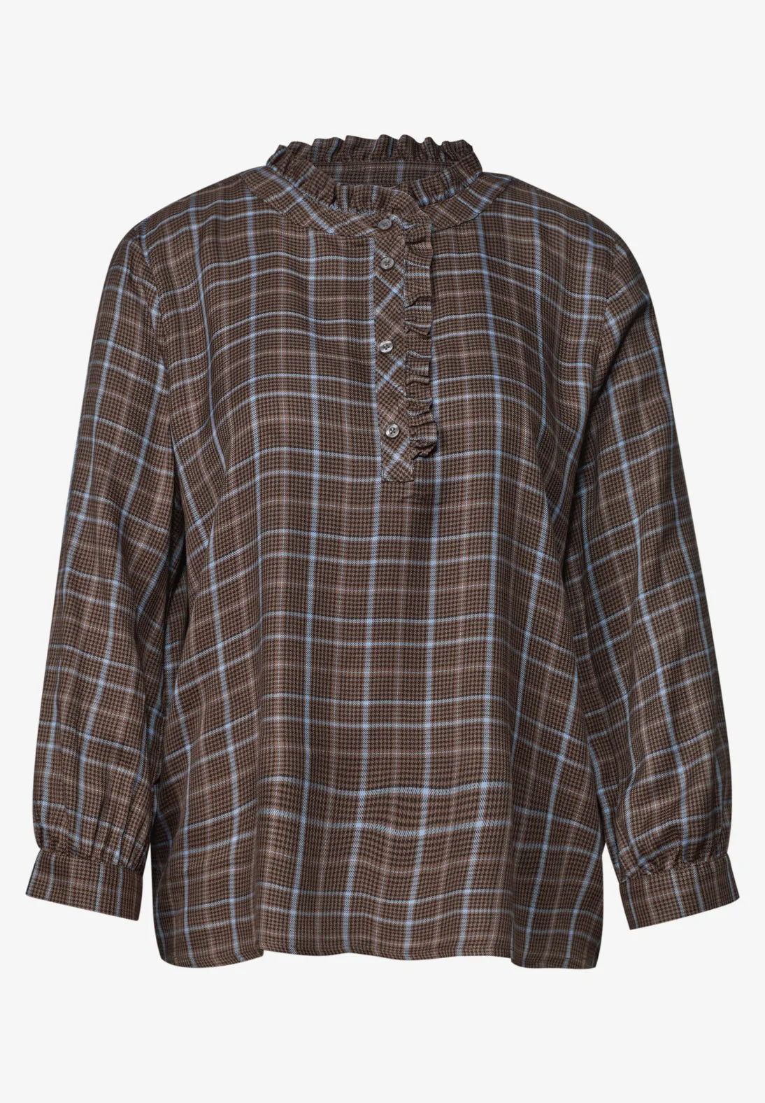 Street One Blouse with Ruffle Neck - Blue / Brown Mix.