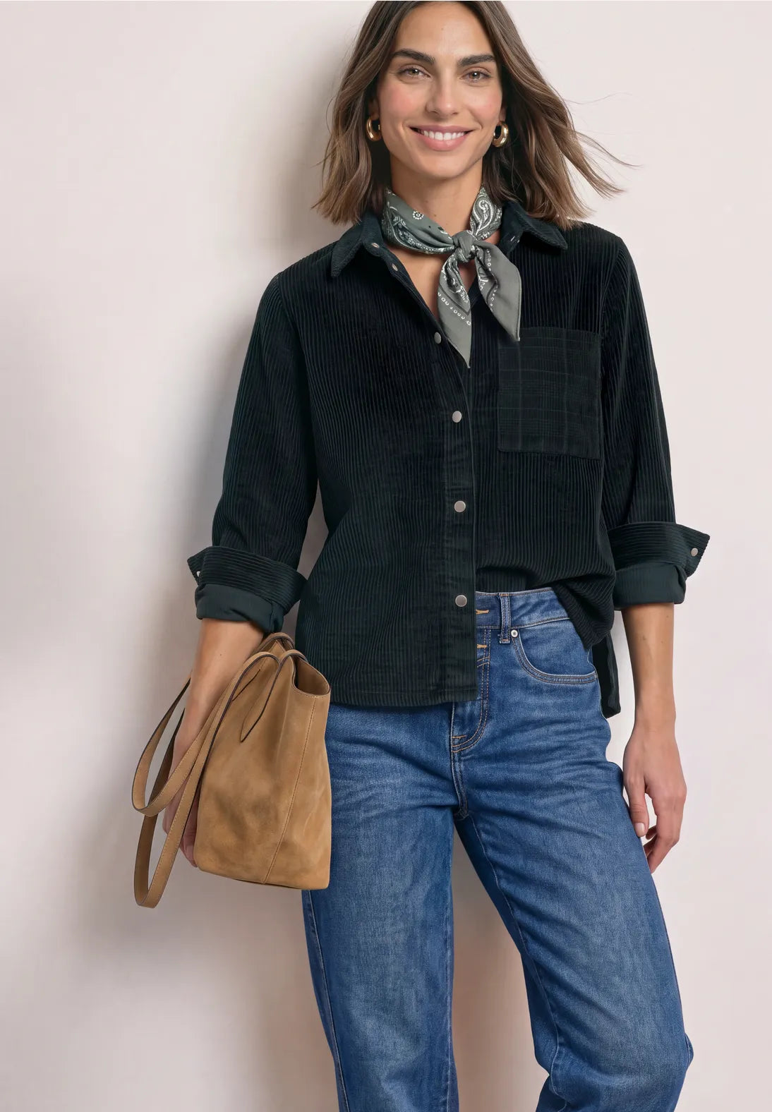 Street One Corduroy Shirt with Contrasting collar & Pocket - Green Mix