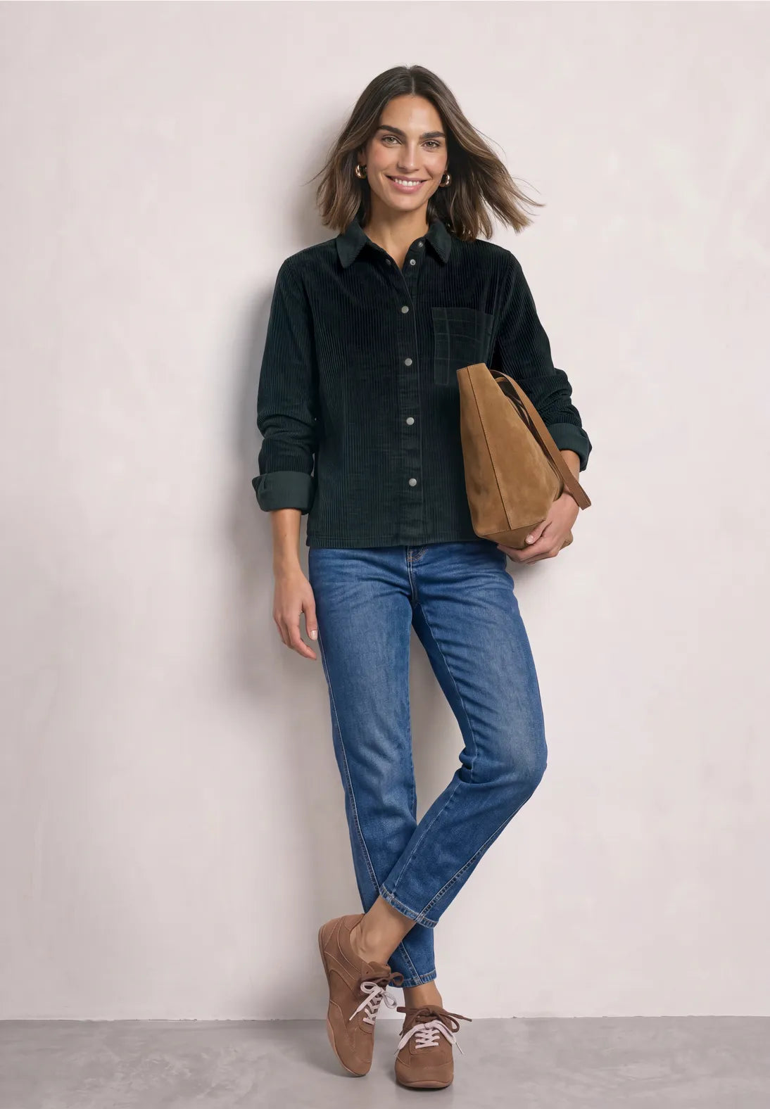 Street One Corduroy Shirt with Contrasting collar & Pocket - Green Mix