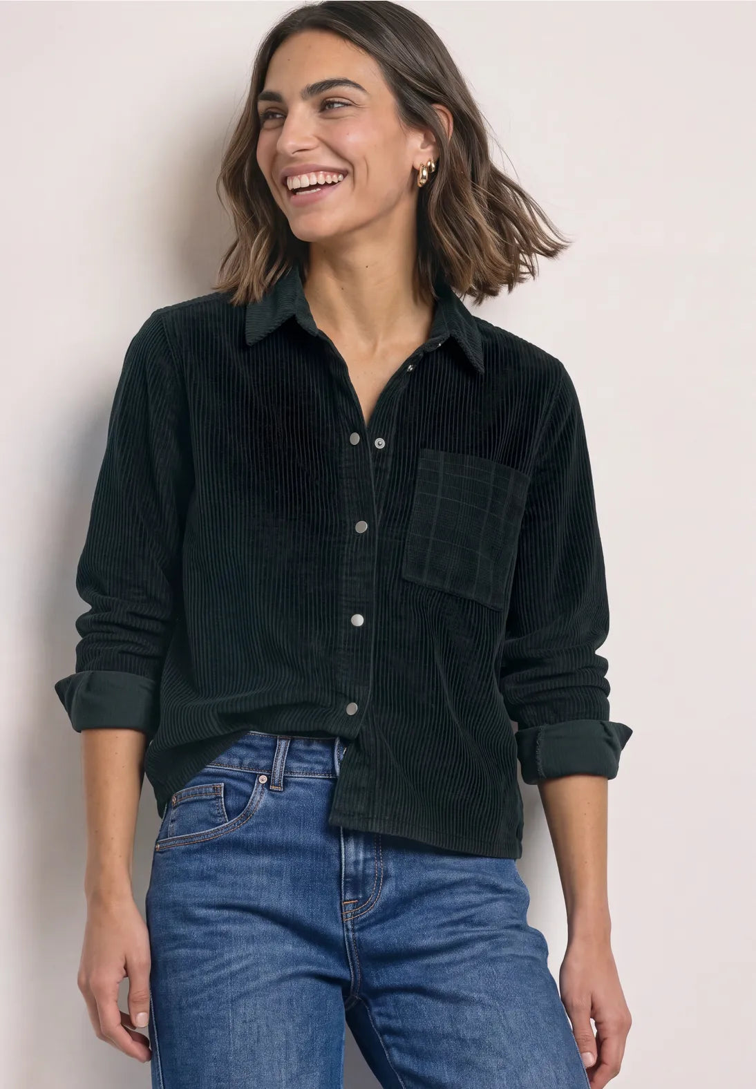 Street One Corduroy Shirt with Contrasting collar & Pocket - Green Mix
