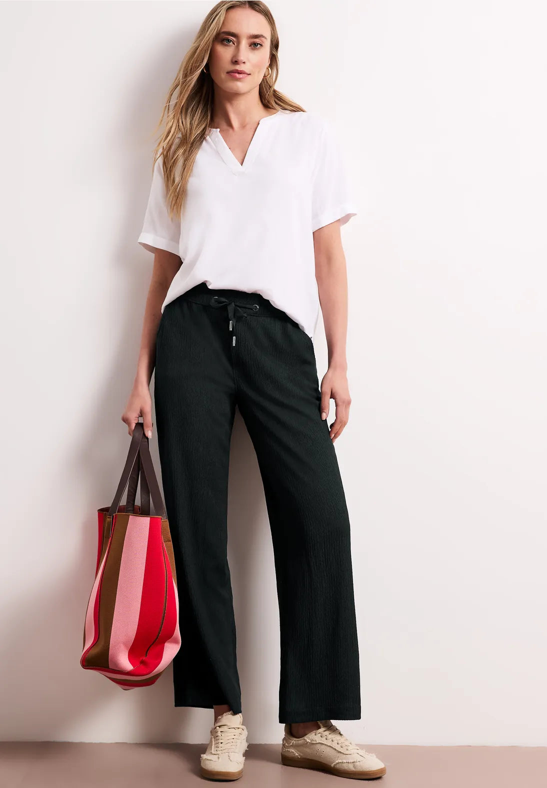 Street One Wide Leg Trousers with Crinkle Fabric - Green