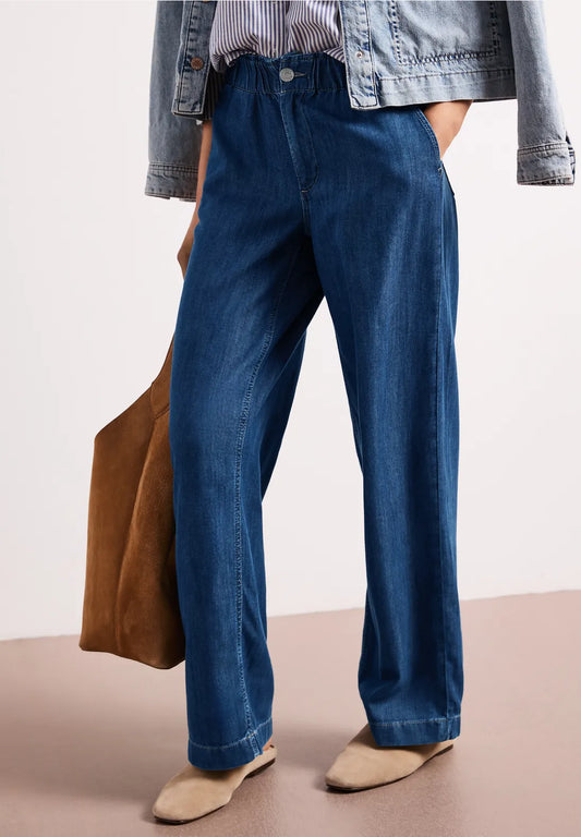 Street One Wide Leg Jeans with Paperbag Waistband - Denim