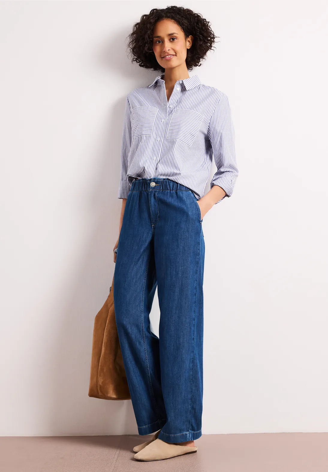 Street One Wide Leg Jeans with Paperbag Waistband - Denim
