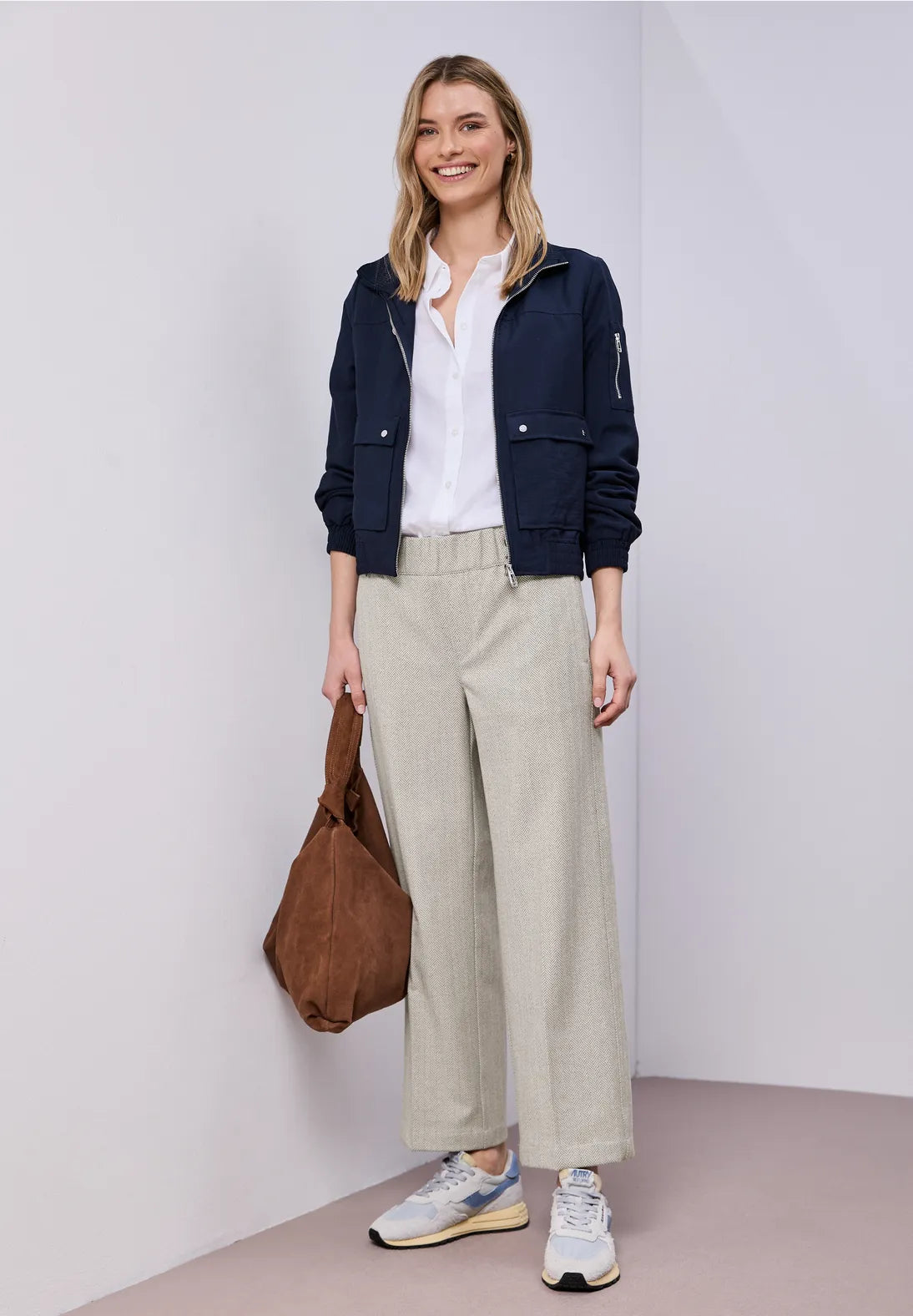 Street One Straight Leg Fishbone Button Down Trousers.