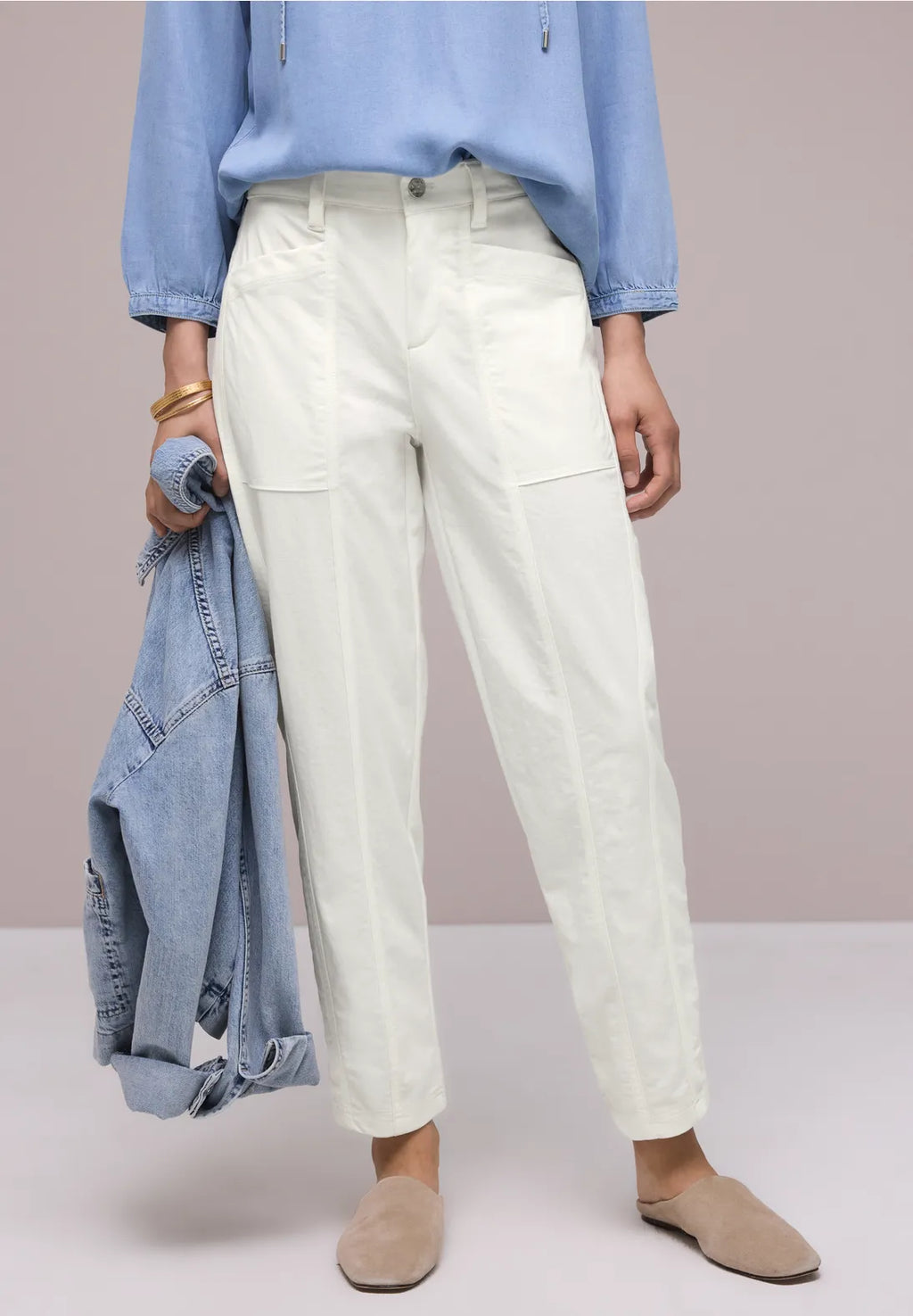 Street One High Waist Barrel Gabardi Trousers - Off White.