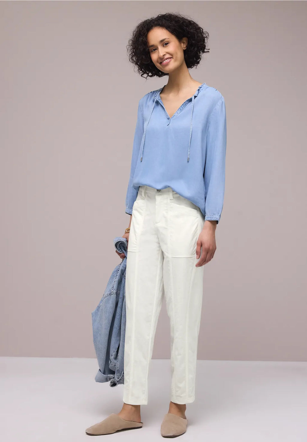 Street One High Waist Barrel Gabardi Trousers - Off White.