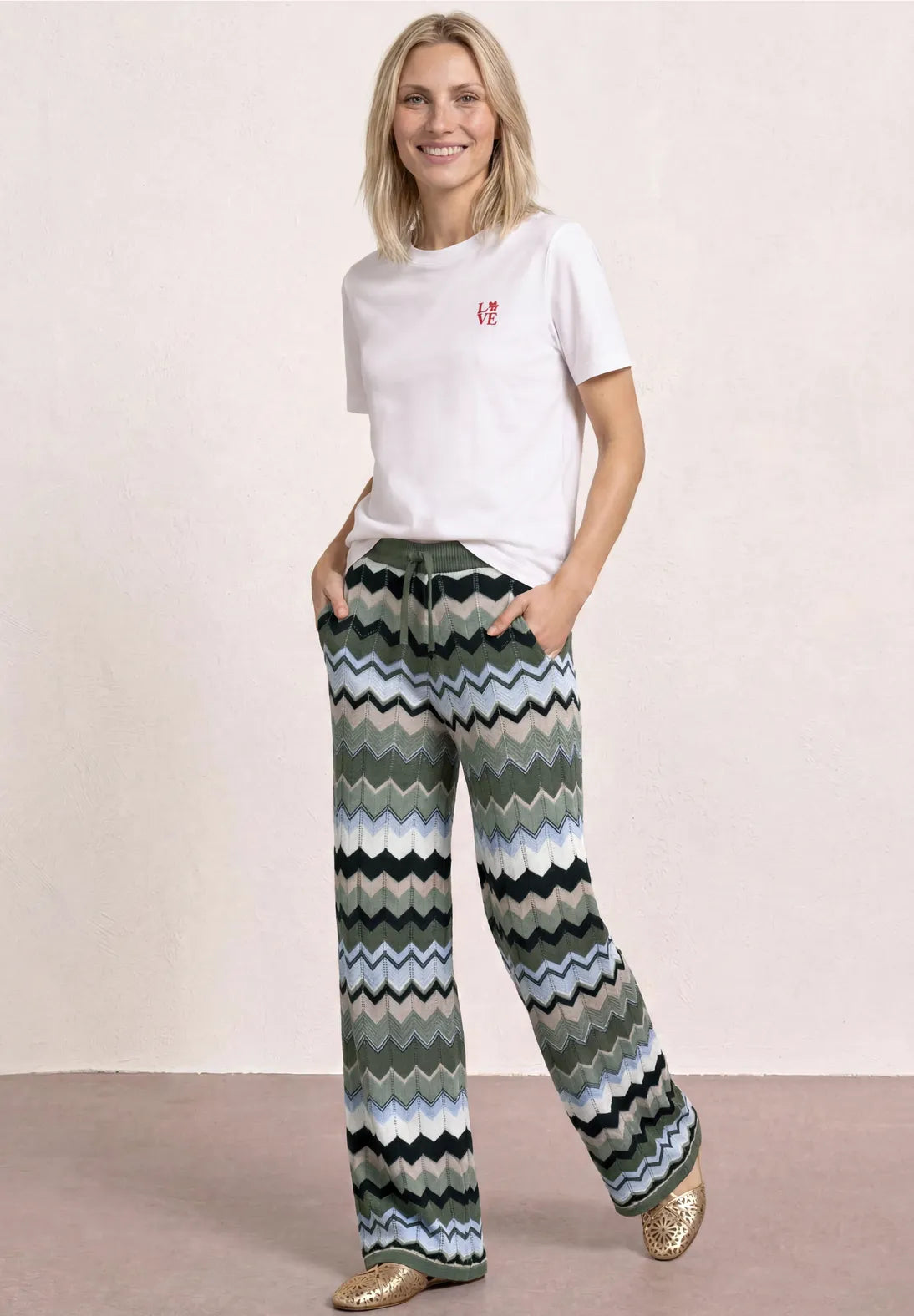 Street One Zig Zag Knit Trousers - Green Multi.