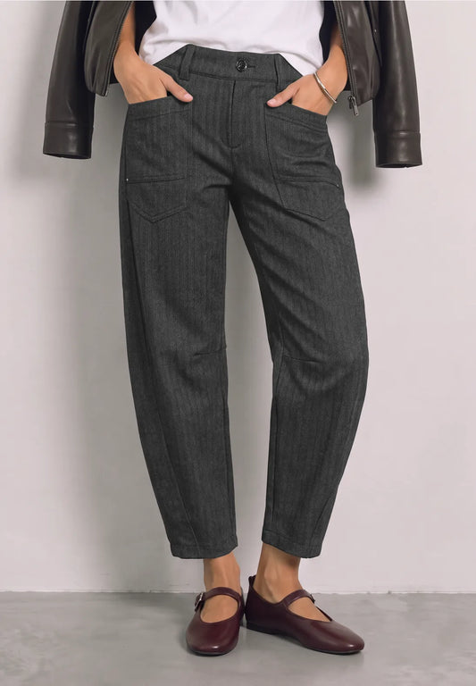 Street One High Waisted Barrel Trousers - Black Herringbone