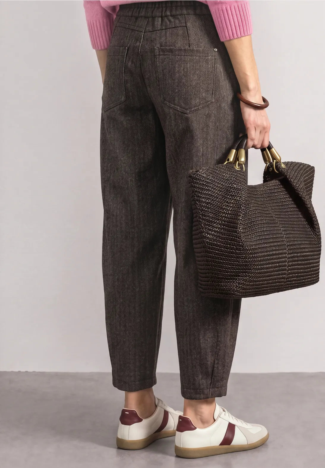 Street One High Waisted Barrel Trousers - Brown Herringbone.