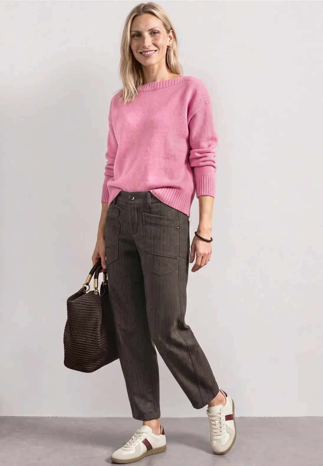Street One High Waisted Barrel Trousers - Brown Herringbone.