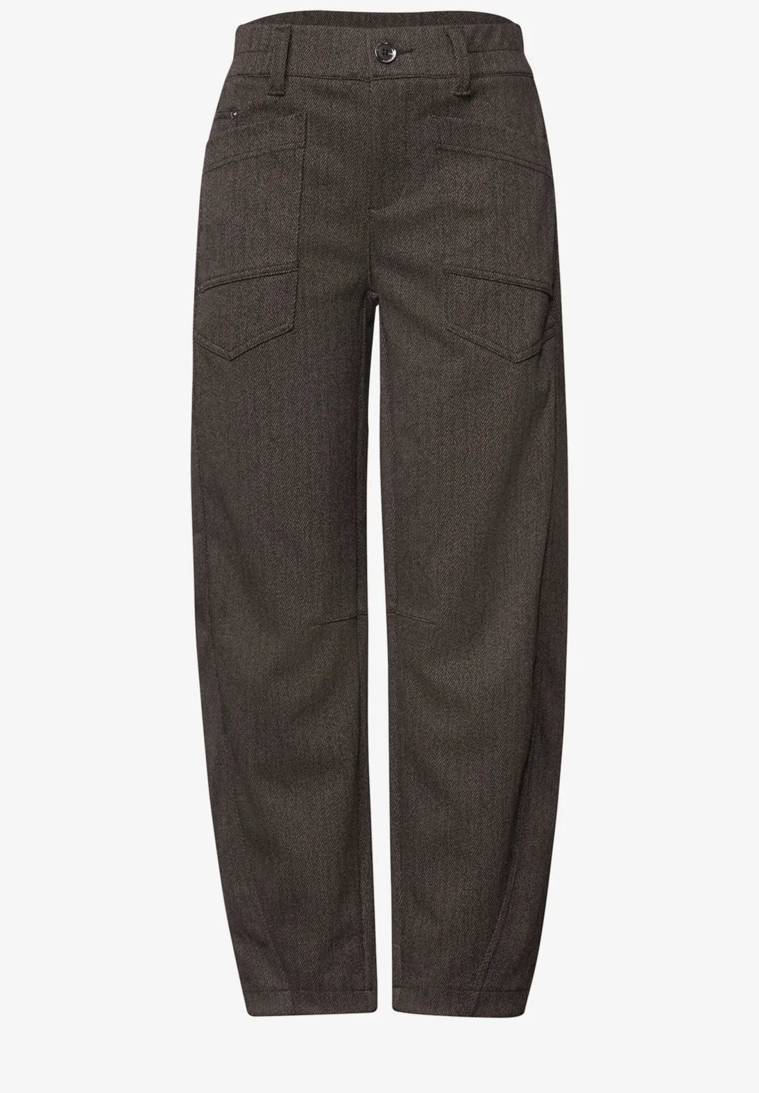 Street One High Waisted Barrel Trousers - Brown Herringbone.