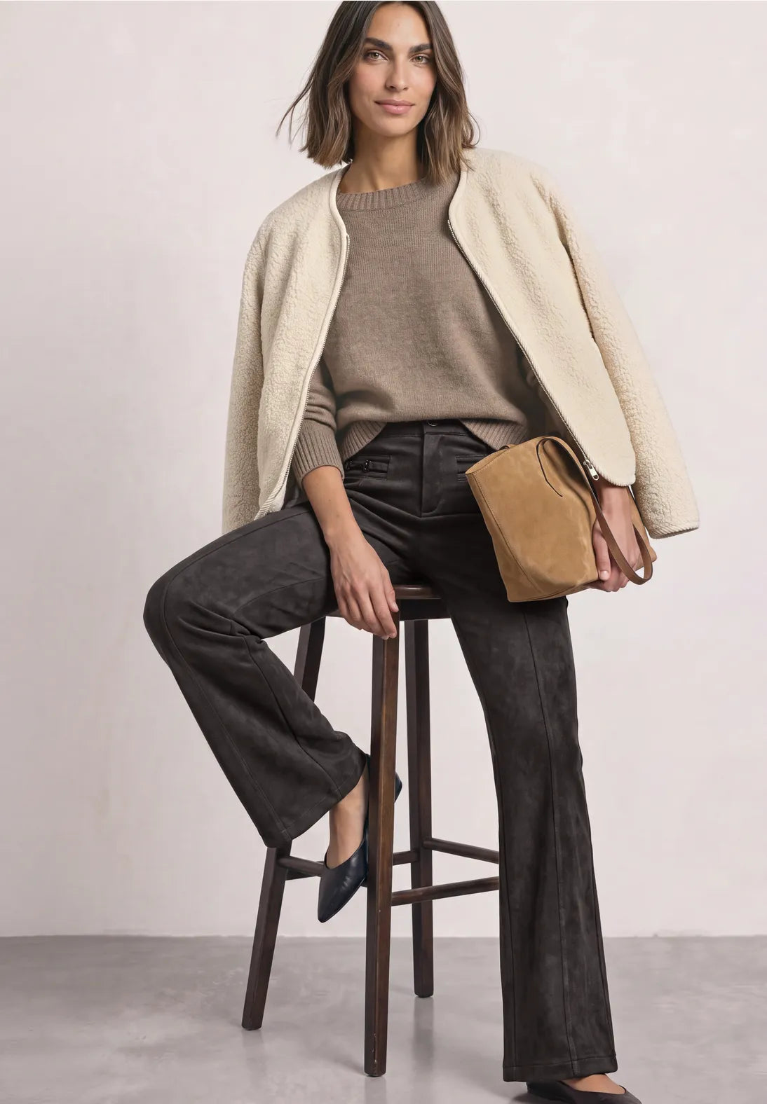 Street One Bootcut Velour Trousers in a slim Fit - Brown.
