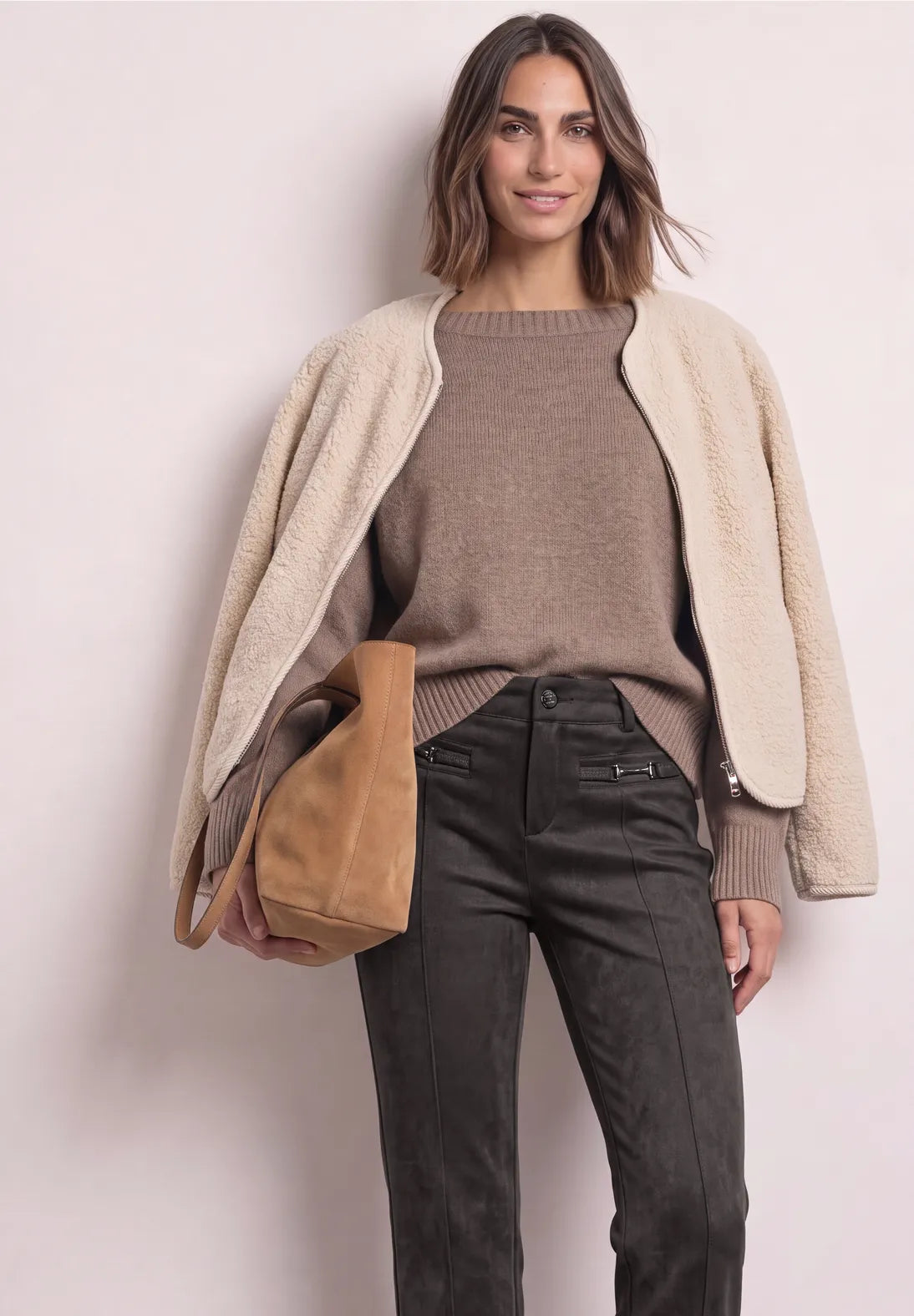 Street One Bootcut Velour Trousers in a slim Fit - Brown.