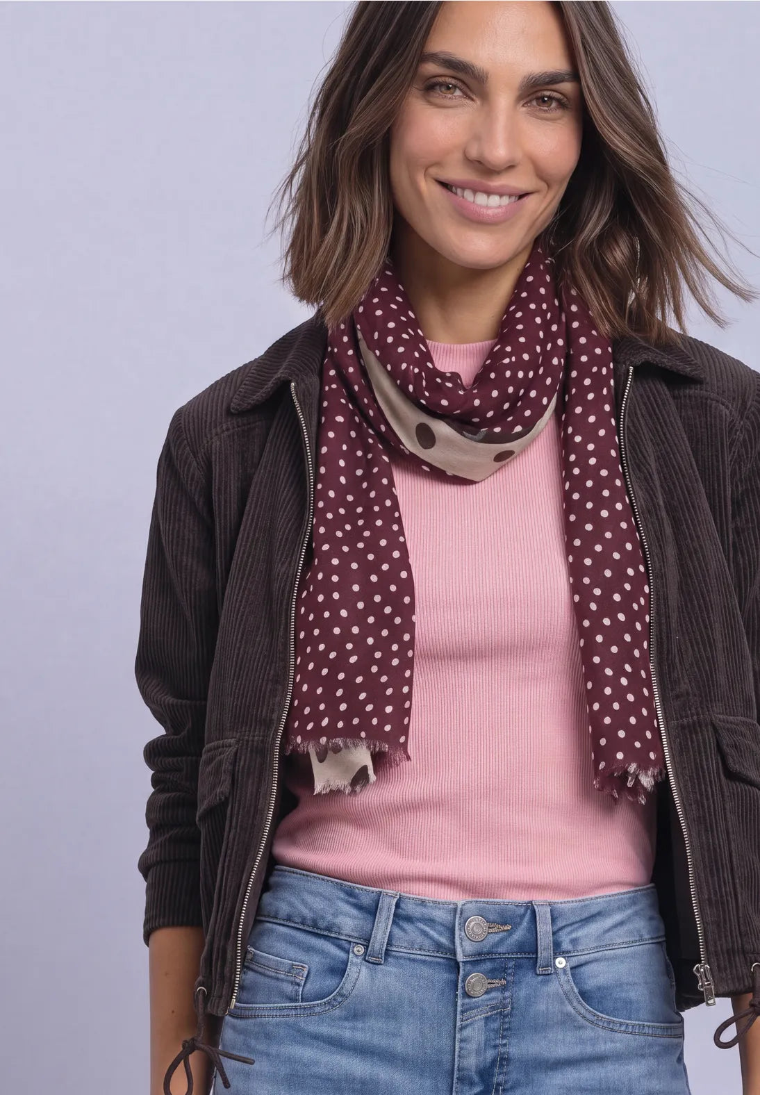 Street One Long Scarf with Mixed Patterns - Pink & Burgundy.