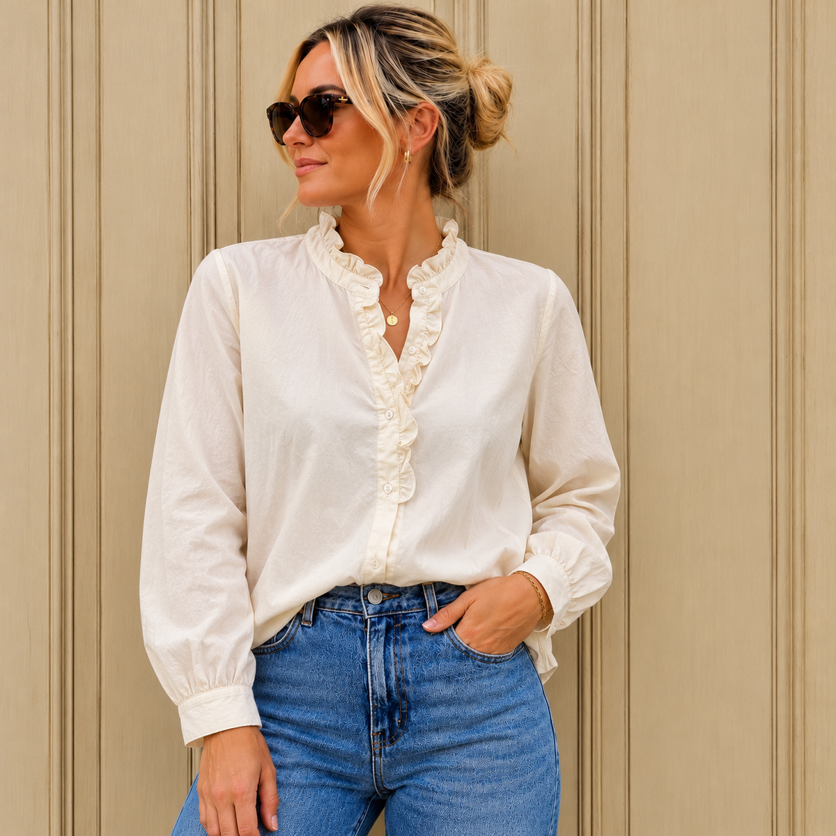 Sophie Cotton Shirt with Frill Detail - Cream.
