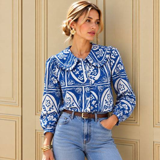 Sophie Blouse with Bib Collar - Teal & Cream.