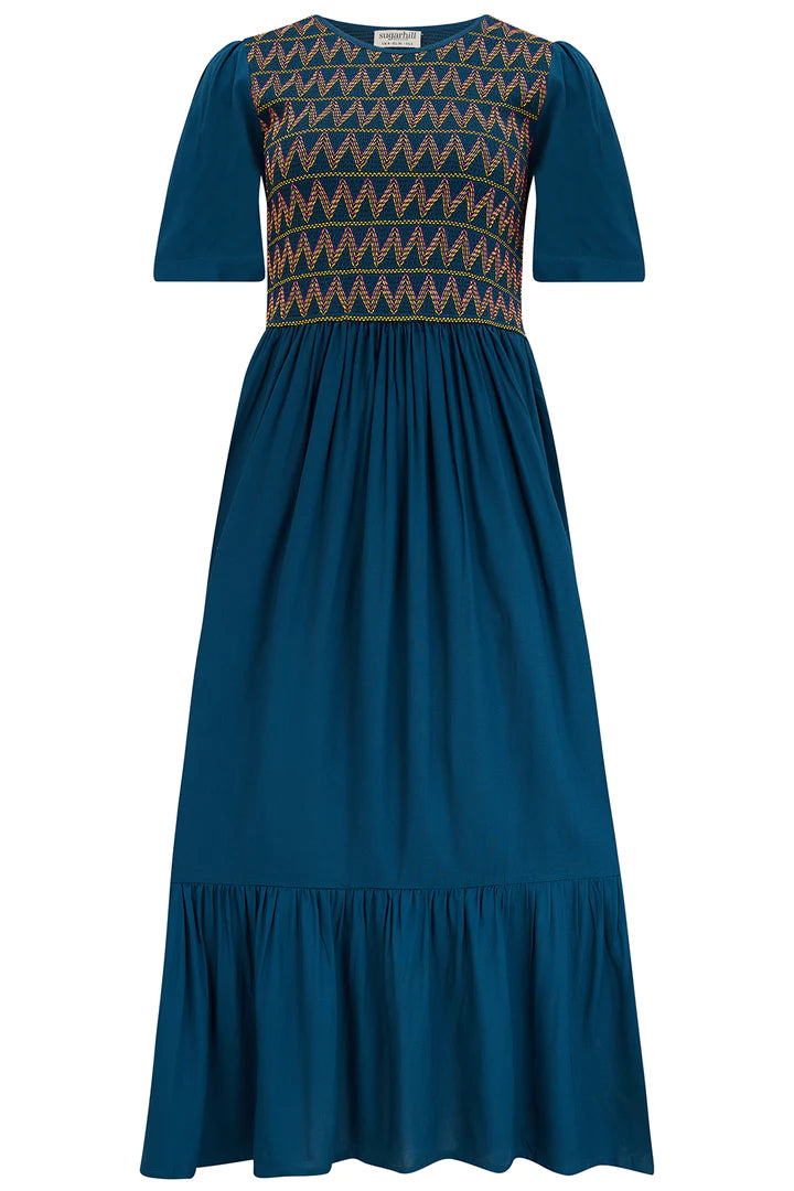 Sugarhill Brielle Midi Shirred Dress-Navy Zigzag